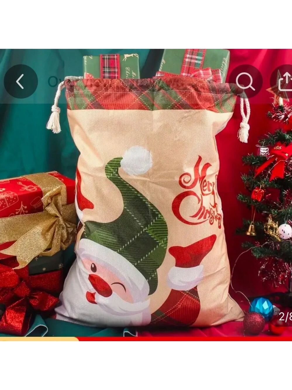 Christmas Santa Claus Print Drawstring Gift Bag - New in package